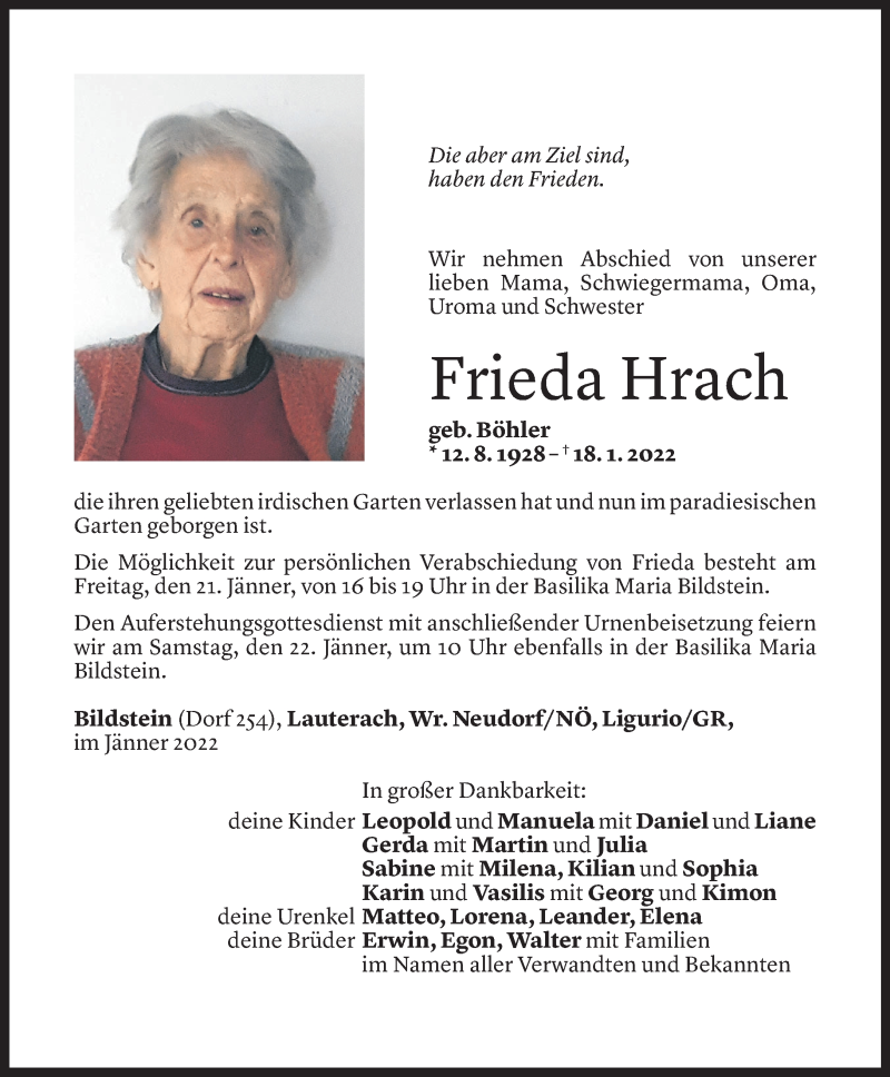  Todesanzeige für Frieda Hrach vom 19.01.2022 aus Vorarlberger Nachrichten