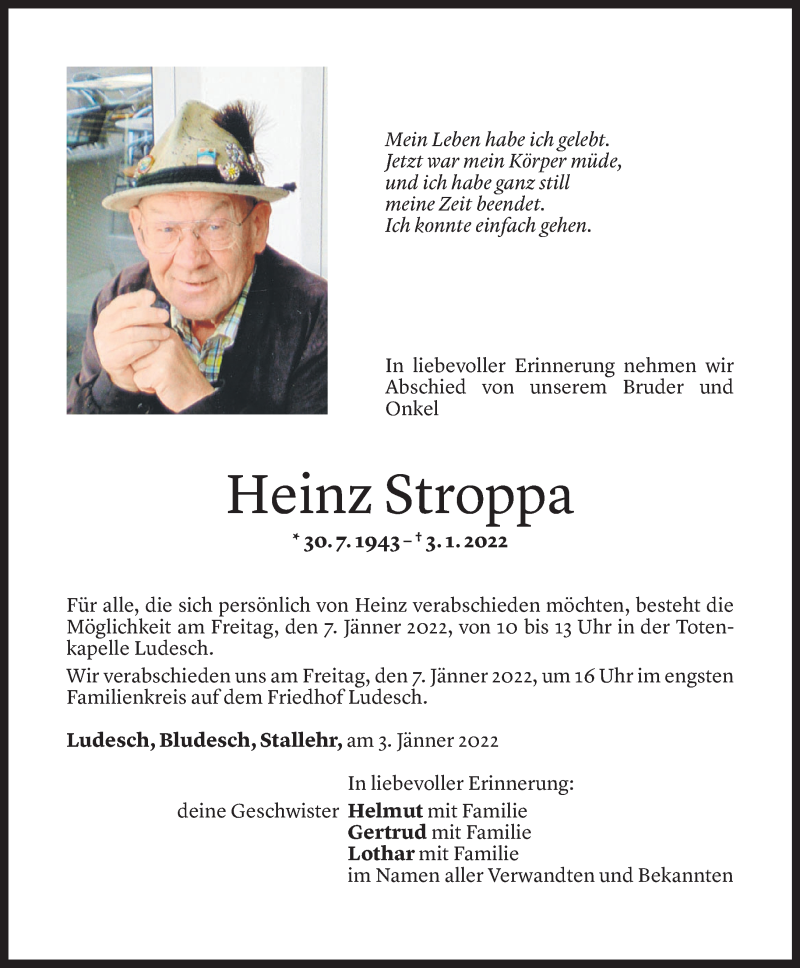  Todesanzeige für Heinz Stroppa vom 04.01.2021 aus Vorarlberger Nachrichten
