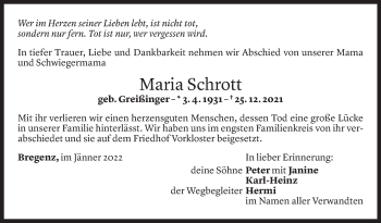 Todesanzeige von Maria Schrott von Vorarlberger Nachrichten