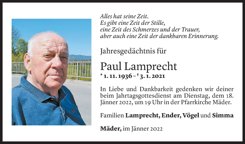  Todesanzeige für Paul Lamprecht vom 02.01.2022 aus Vorarlberger Nachrichten