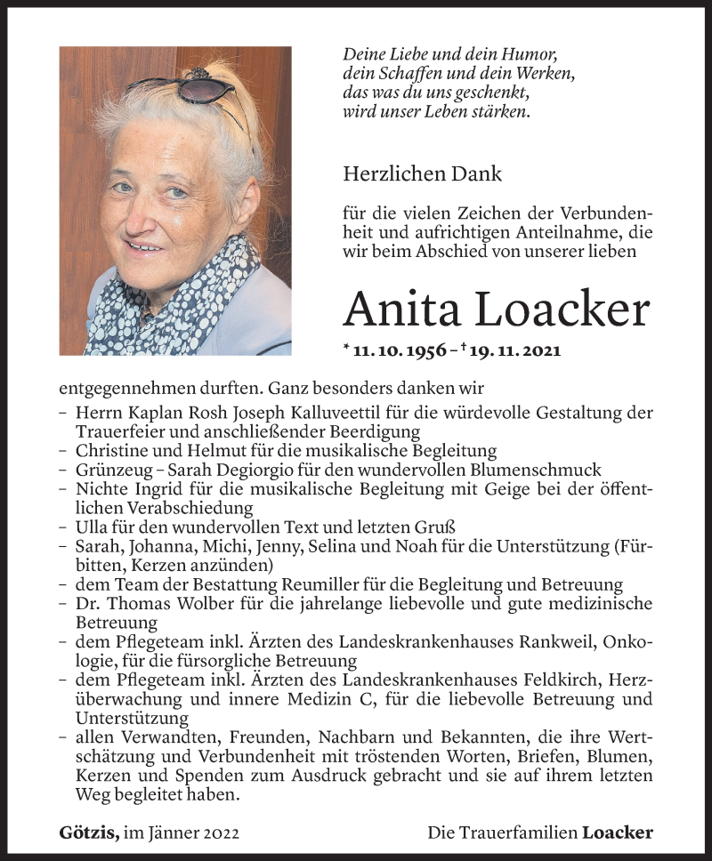  Todesanzeige für Anita Loacker vom 18.01.2022 aus Vorarlberger Nachrichten