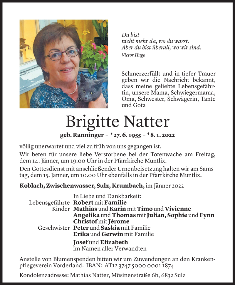  Todesanzeige für Brigitte Natter vom 12.01.2022 aus Vorarlberger Nachrichten