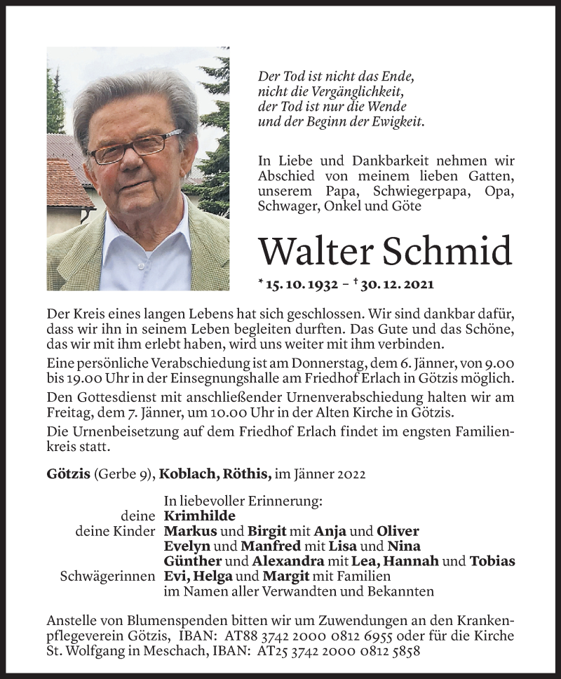 Todesanzeige für Walter Schmid vom 04.01.2022 aus Vorarlberger Nachrichten