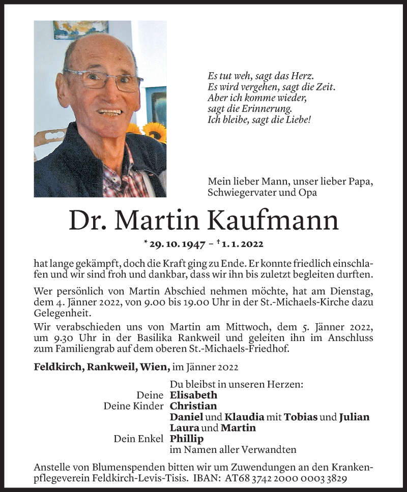  Todesanzeige für Martin Kaufmann vom 03.01.2022 aus Vorarlberger Nachrichten