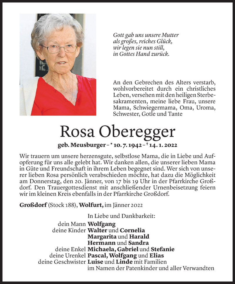  Todesanzeige für Rosa Oberegger vom 18.01.2022 aus Vorarlberger Nachrichten