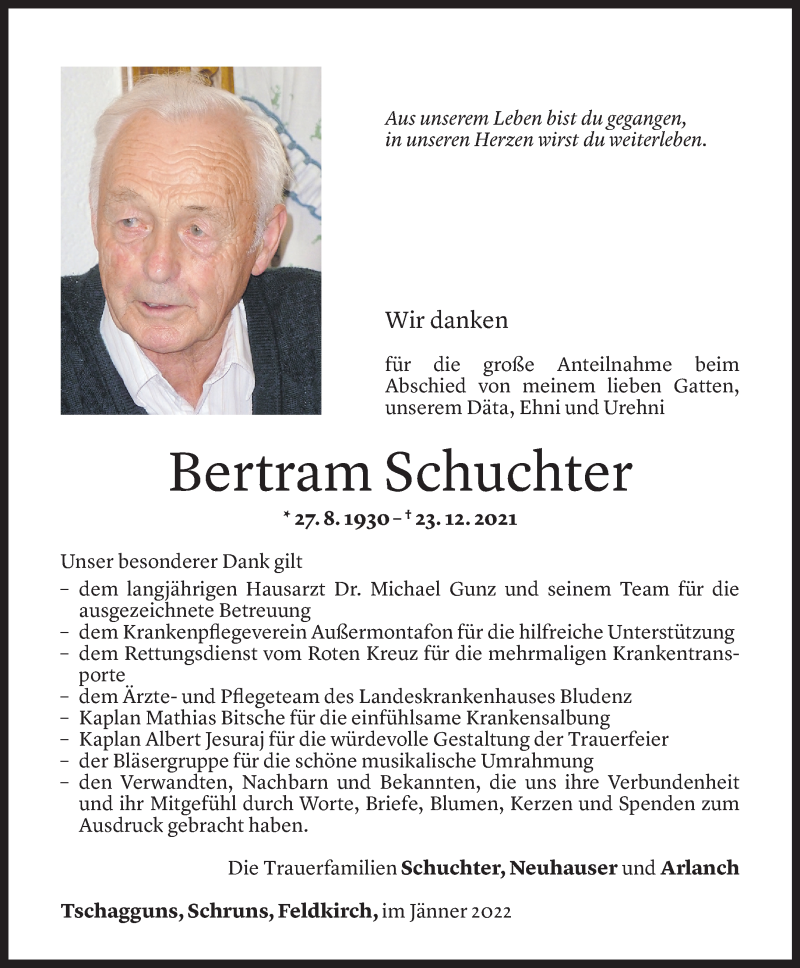  Todesanzeige für Bertram Schuchter vom 14.01.2022 aus Vorarlberger Nachrichten