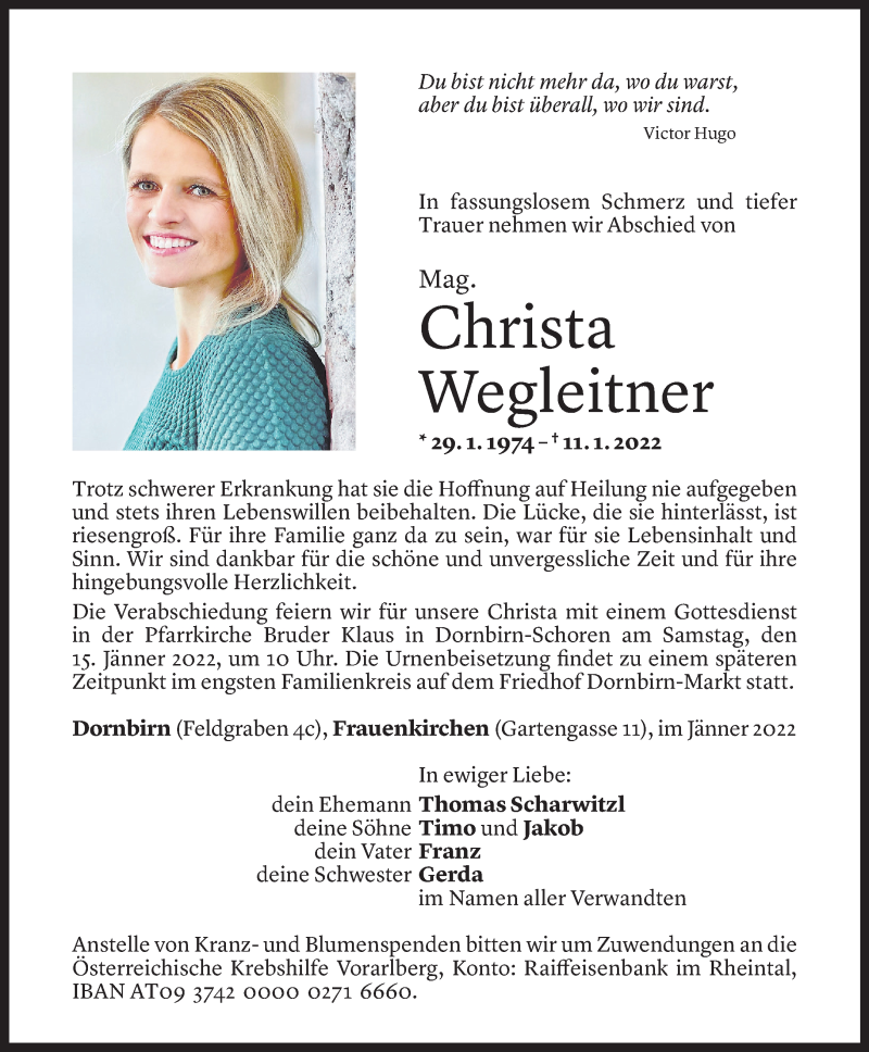  Todesanzeige für Christa Wegleitner vom 13.01.2022 aus Vorarlberger Nachrichten