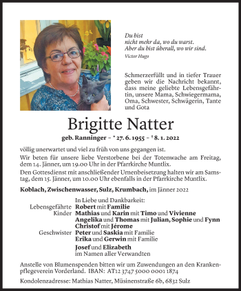 Todesanzeige von Brigitte Natter von Vorarlberger Nachrichten