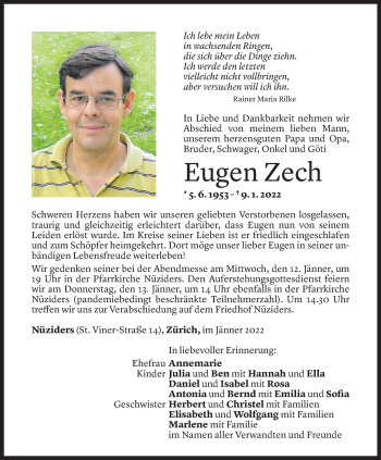 Todesanzeige von Eugen Zech von Vorarlberger Nachrichten