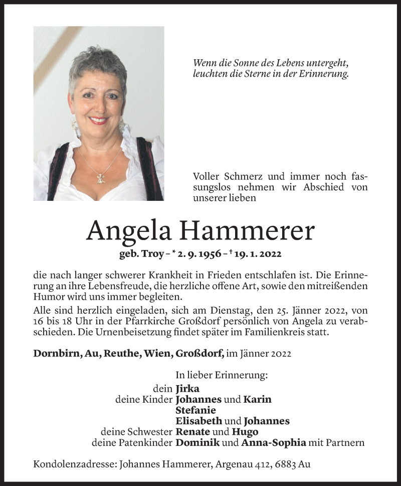  Todesanzeige für Angela Hammerer vom 24.01.2022 aus Vorarlberger Nachrichten