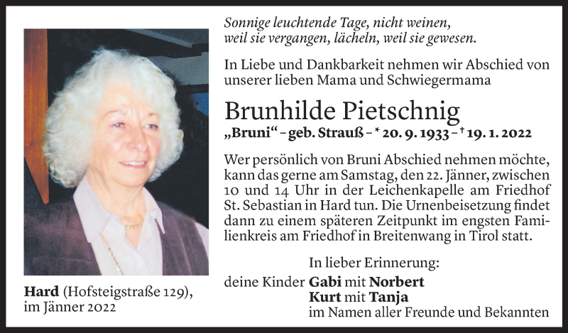  Todesanzeige für Brunhilde Pietschnig vom 20.01.2022 aus Vorarlberger Nachrichten