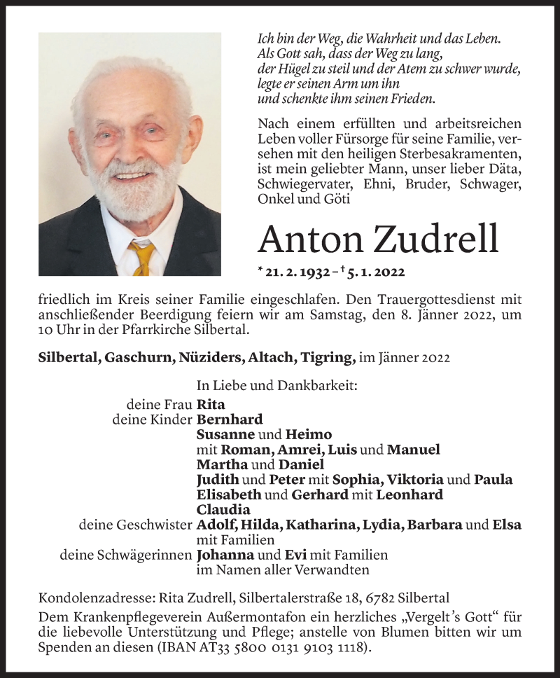  Todesanzeige für Anton Zudrell vom 07.01.2022 aus Vorarlberger Nachrichten