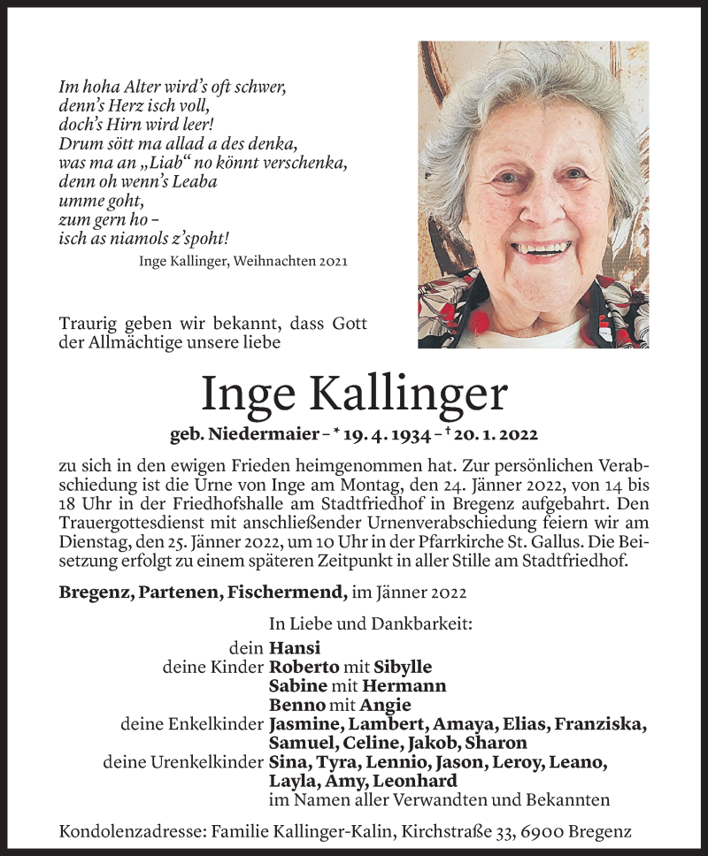  Todesanzeige für Inge Kallinger vom 21.01.2022 aus Vorarlberger Nachrichten