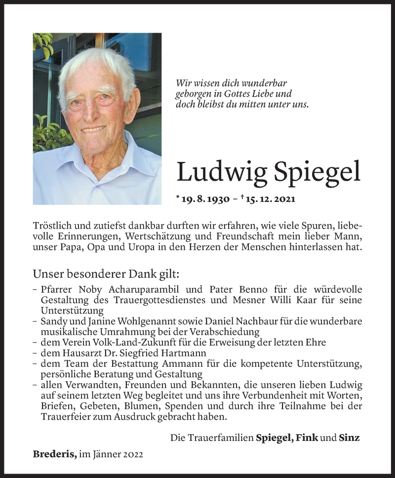  Todesanzeige für Ludwig Spiegel vom 22.01.2022 aus Vorarlberger Nachrichten