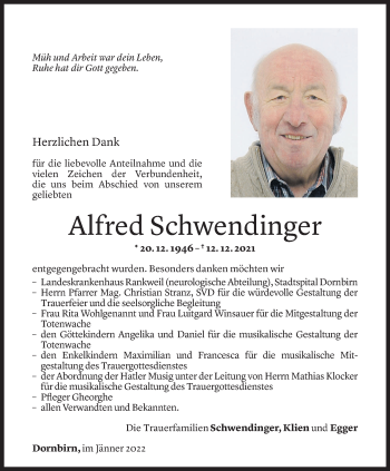 Todesanzeige von Alfred Schwendinger von Vorarlberger Nachrichten