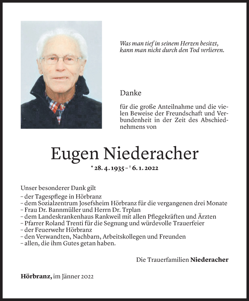  Todesanzeige für Eugen Niederacher vom 20.01.2022 aus Vorarlberger Nachrichten
