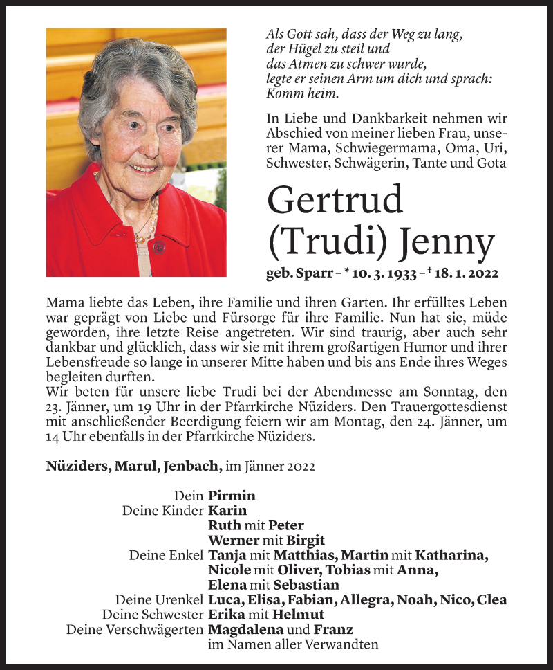  Todesanzeige für Gertrud Jenny vom 21.01.2022 aus Vorarlberger Nachrichten