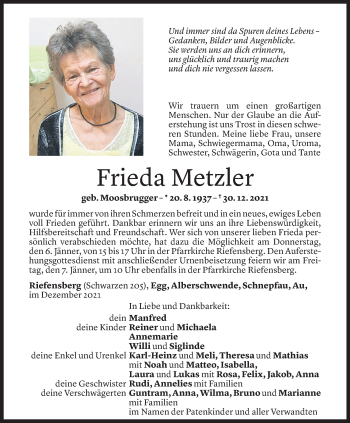 Todesanzeige von Frieda Metzler von Vorarlberger Nachrichten