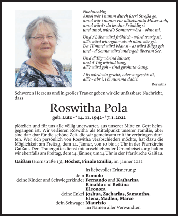 Todesanzeige von Roswitha Pola von Vorarlberger Nachrichten