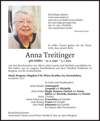Todesanzeige von Anna Treitinger von Vorarlberger Nachrichten