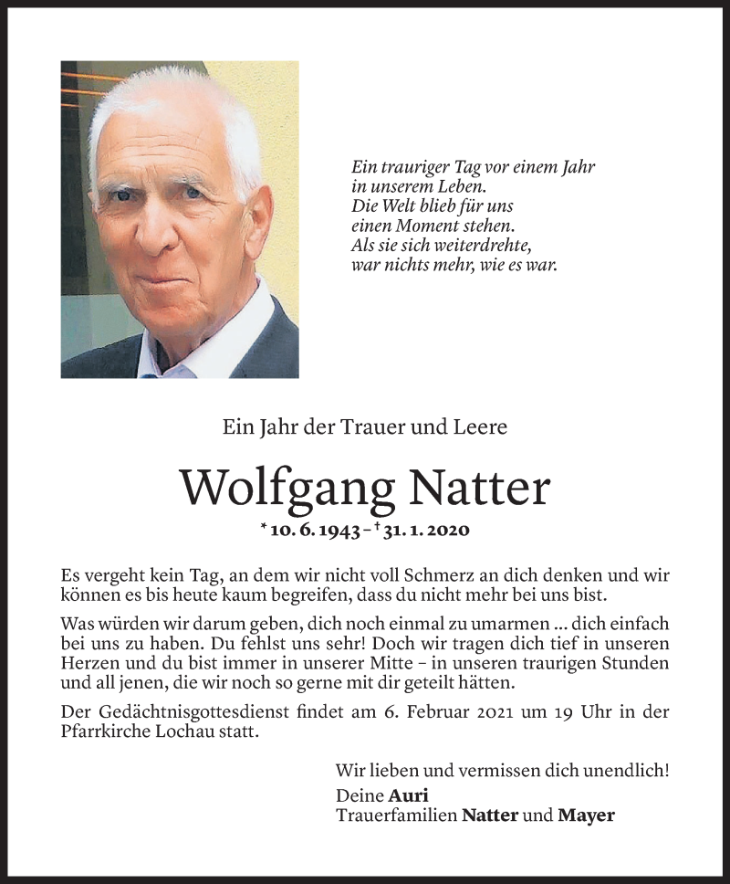  Todesanzeige für Wolfgang Natter vom 31.01.2021 aus Vorarlberger Nachrichten