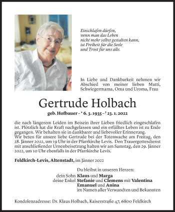 Todesanzeige von Gertrude Holbach von Vorarlberger Nachrichten