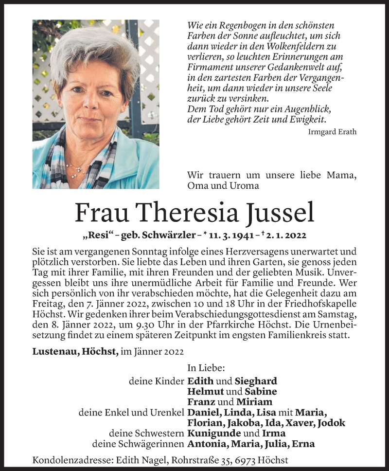  Todesanzeige für Theresia Jussel vom 05.01.2021 aus Vorarlberger Nachrichten