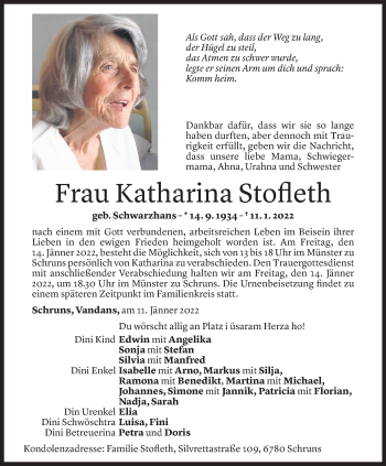 Todesanzeige von Katharina Stofleth von Vorarlberger Nachrichten