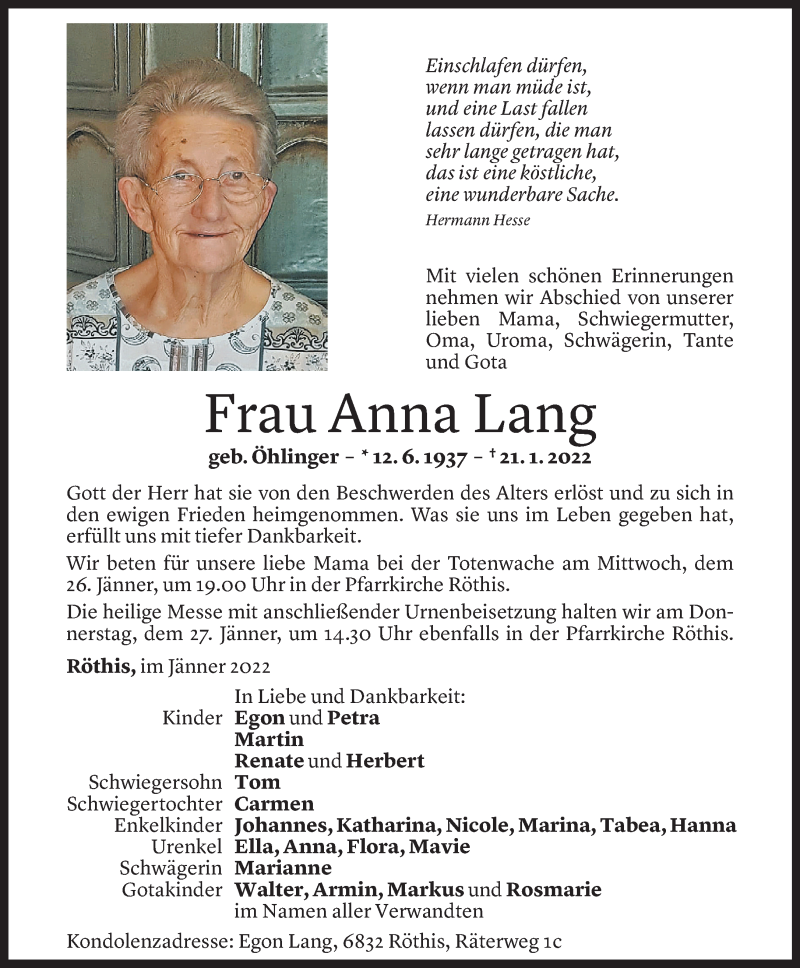  Todesanzeige für Anna Lang vom 24.01.2022 aus Vorarlberger Nachrichten
