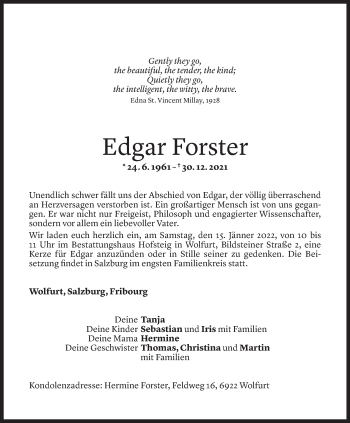 Todesanzeige von Edgar Forster von Vorarlberger Nachrichten