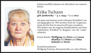 Todesanzeige von Erika Tschann von Vorarlberger Nachrichten