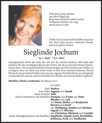 Todesanzeige von Sieglinde Jochum von Vorarlberger Nachrichten