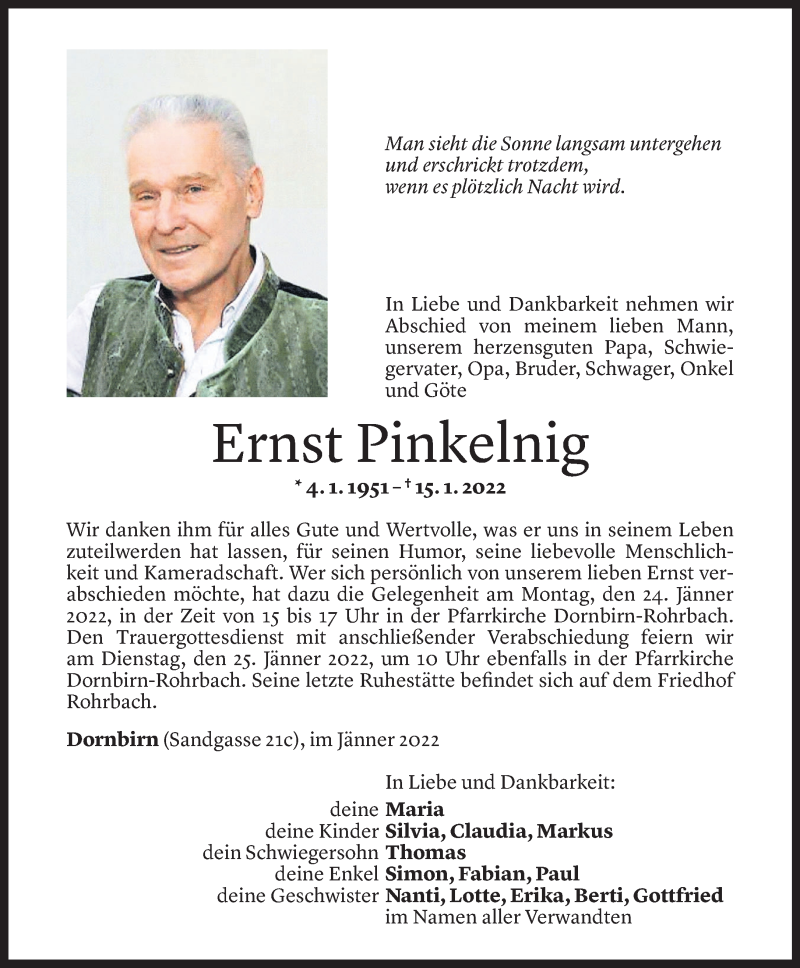  Todesanzeige für Ernst Pinkelnig vom 21.01.2022 aus Vorarlberger Nachrichten