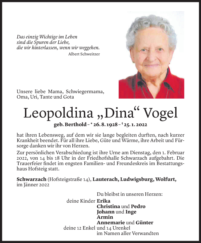  Todesanzeige für Leopoldina Vogel vom 30.01.2022 aus Vorarlberger Nachrichten