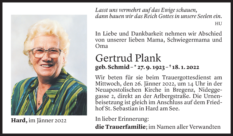  Todesanzeige für Gertrud Plank vom 21.01.2022 aus Vorarlberger Nachrichten