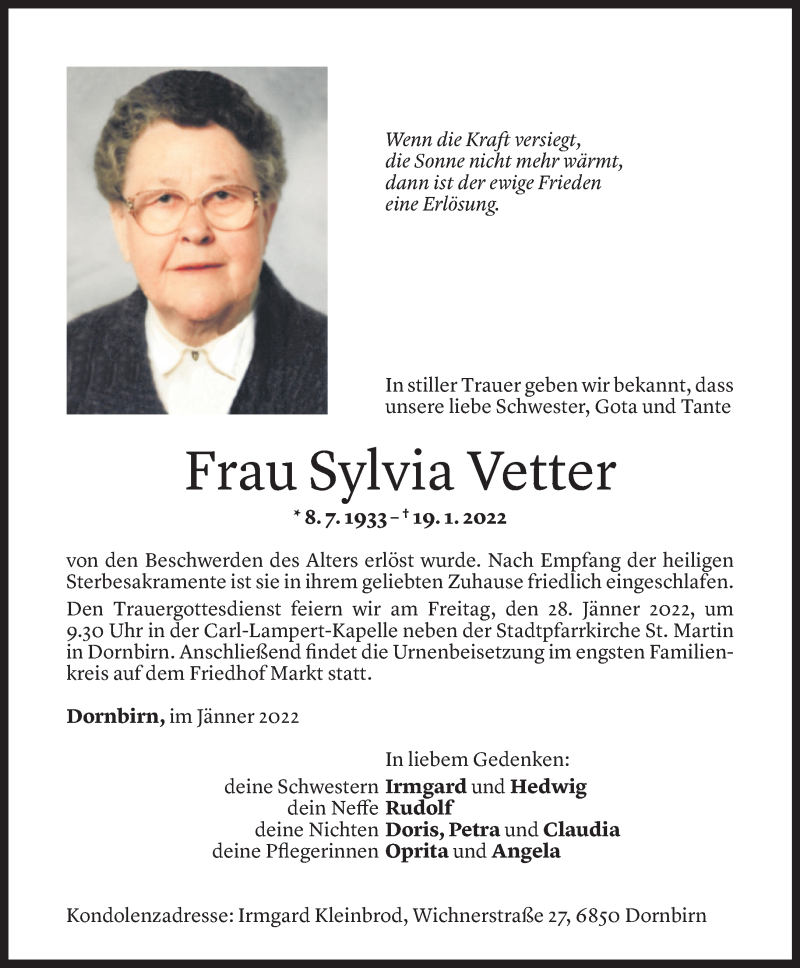  Todesanzeige für Sylvia Vetter vom 25.01.2022 aus Vorarlberger Nachrichten