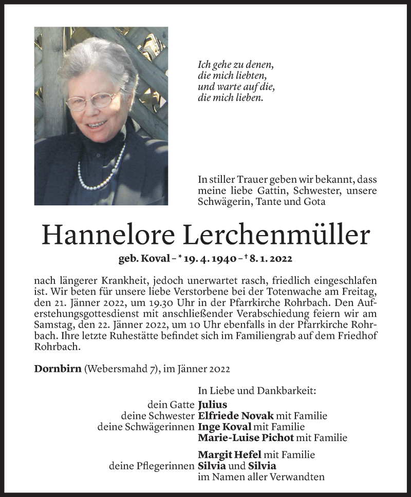  Todesanzeige für Hannelore Lerchenmüller vom 18.01.2022 aus Vorarlberger Nachrichten