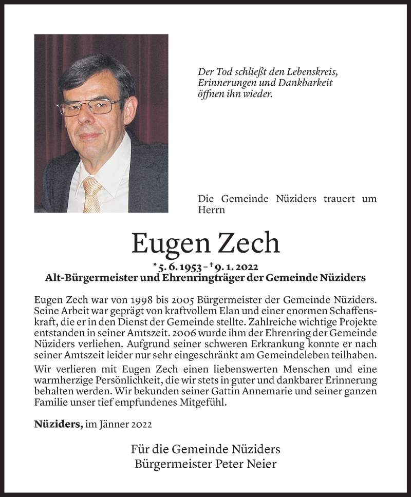  Todesanzeige für Eugen Zech vom 11.01.2022 aus Vorarlberger Nachrichten
