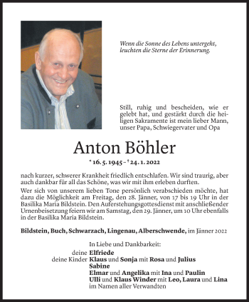 Todesanzeige von Anton Böhler von Vorarlberger Nachrichten