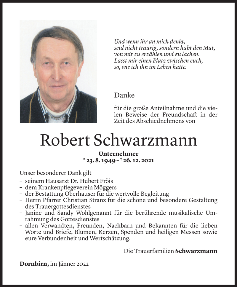  Todesanzeige für Robert Schwarzmann vom 21.01.2022 aus Vorarlberger Nachrichten