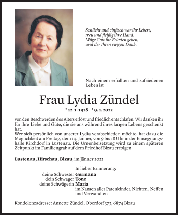 Todesanzeige von Lydia Zündel von Vorarlberger Nachrichten