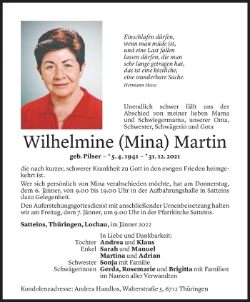 Todesanzeige von Wilhelmine Martin von Vorarlberger Nachrichten