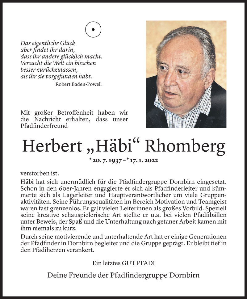  Todesanzeige für Herbert Rhomberg vom 21.01.2022 aus Vorarlberger Nachrichten