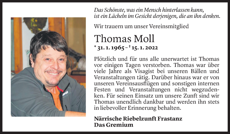  Todesanzeige für Thomas Moll vom 24.01.2022 aus Vorarlberger Nachrichten