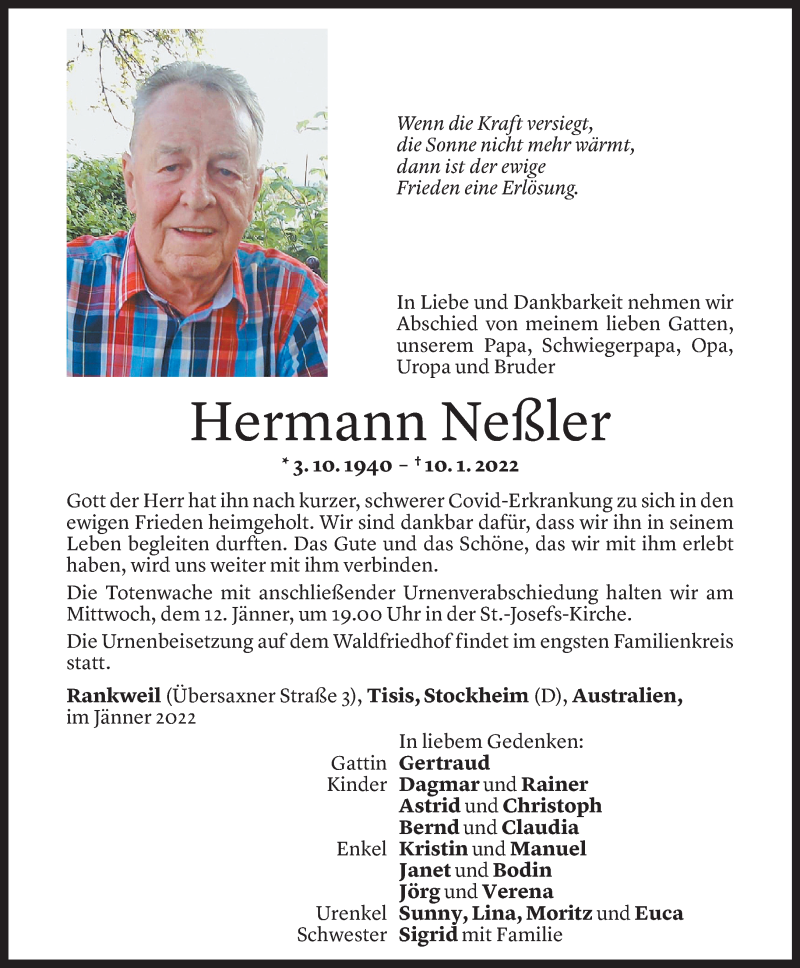  Todesanzeige für Hermann Neßler vom 11.01.2022 aus Vorarlberger Nachrichten