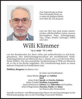 Todesanzeige von Willi Klimmer von Vorarlberger Nachrichten