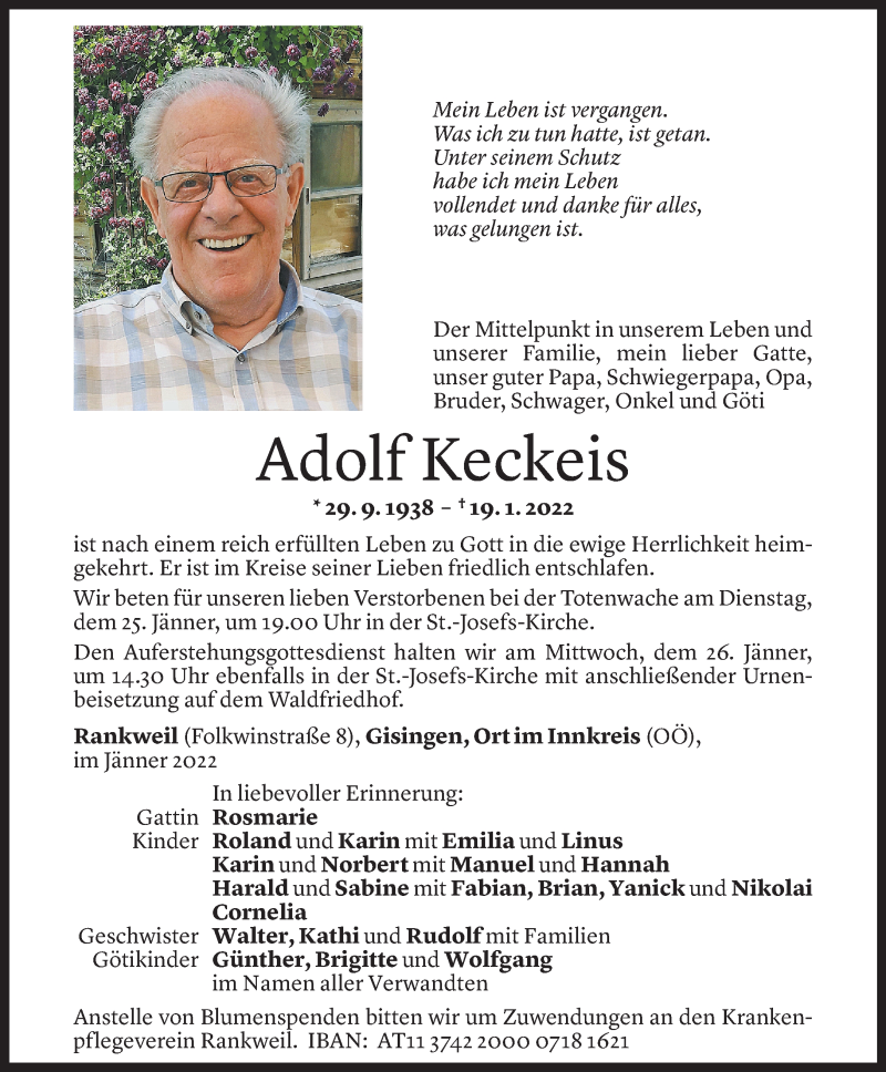  Todesanzeige für Adolf Keckeis vom 22.01.2022 aus Vorarlberger Nachrichten