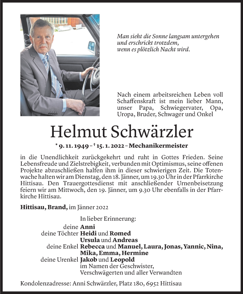  Todesanzeige für Helmut Schwärzler vom 16.01.2022 aus Vorarlberger Nachrichten