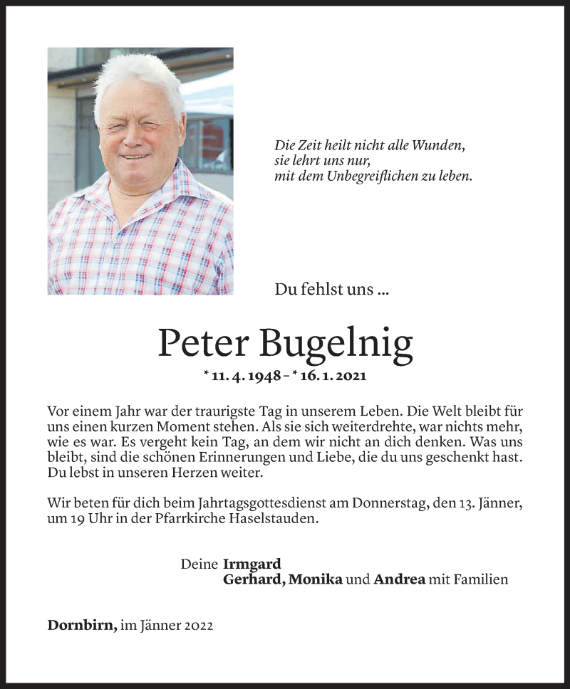  Todesanzeige für Peter Bugelnig vom 10.01.2021 aus Vorarlberger Nachrichten