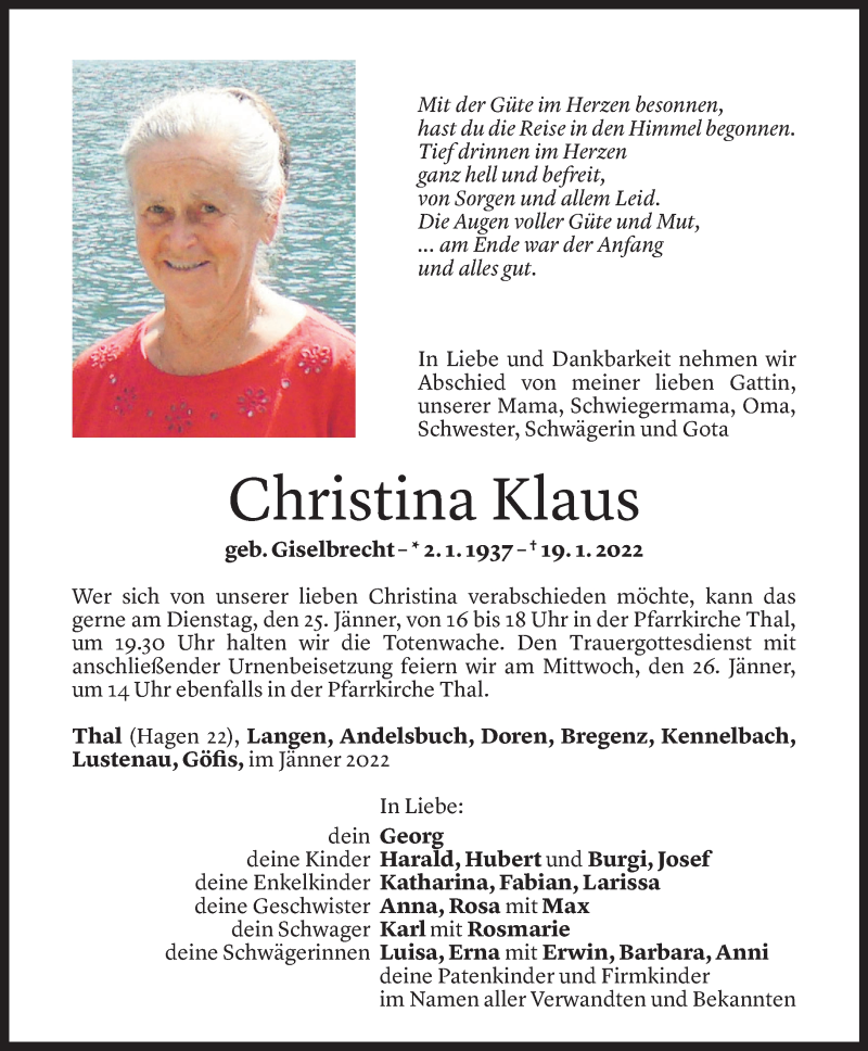  Todesanzeige für Christina Klaus vom 23.01.2022 aus Vorarlberger Nachrichten